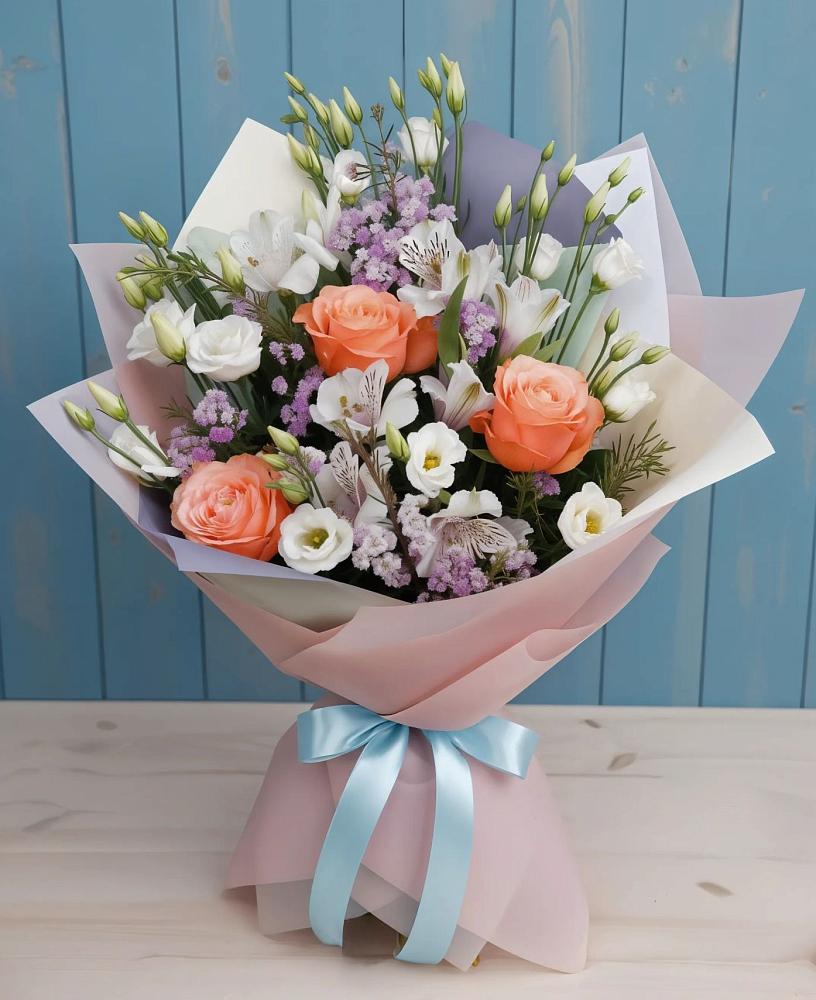 Букет цветов из: Лизиантусы, Розы, Альстромерии и Гипсофила в Первомайском Республики Адыгея