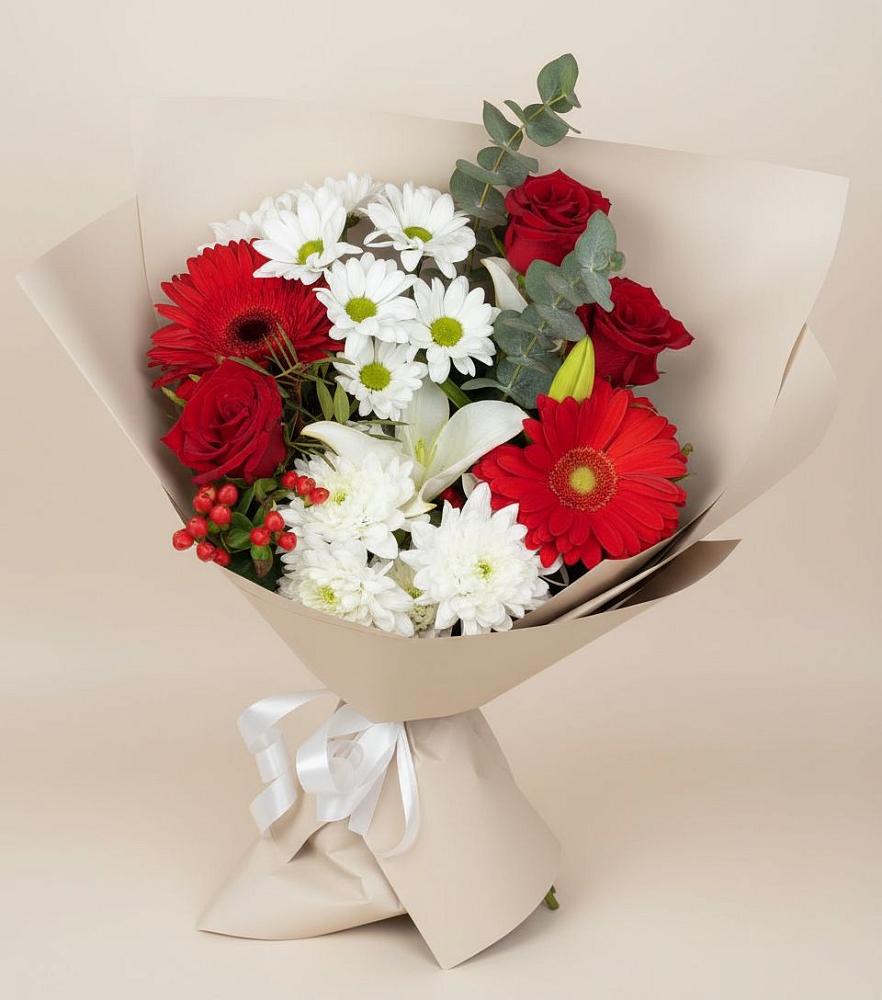 Букет цветов из: Розы, Хризантемы, Герберы и Лилии в Первомайском Республики Адыгея